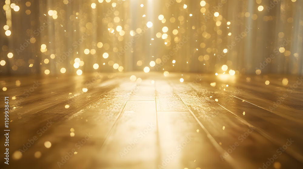 Poster glimmering golden bokeh lights create enchanting atmosphere on wooden floor in bright background for