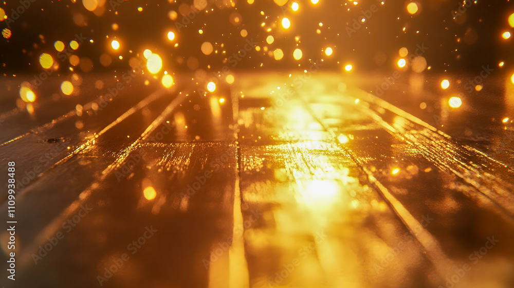 Poster sparkling golden abstract bokeh background with glowing lights and wooden texture for creative and a