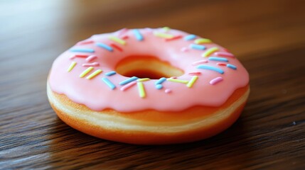Colorful Pink Frosted Donut with Sprinkles on Wooden Table