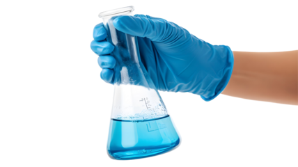 Hand holding a blue liquid in a flask.