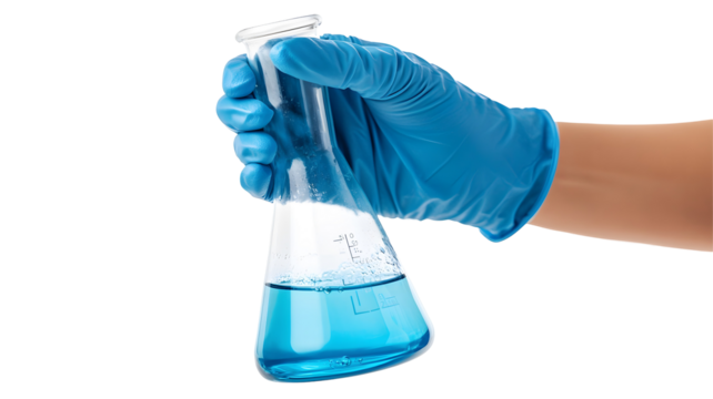 Hand holding a blue liquid in a flask.