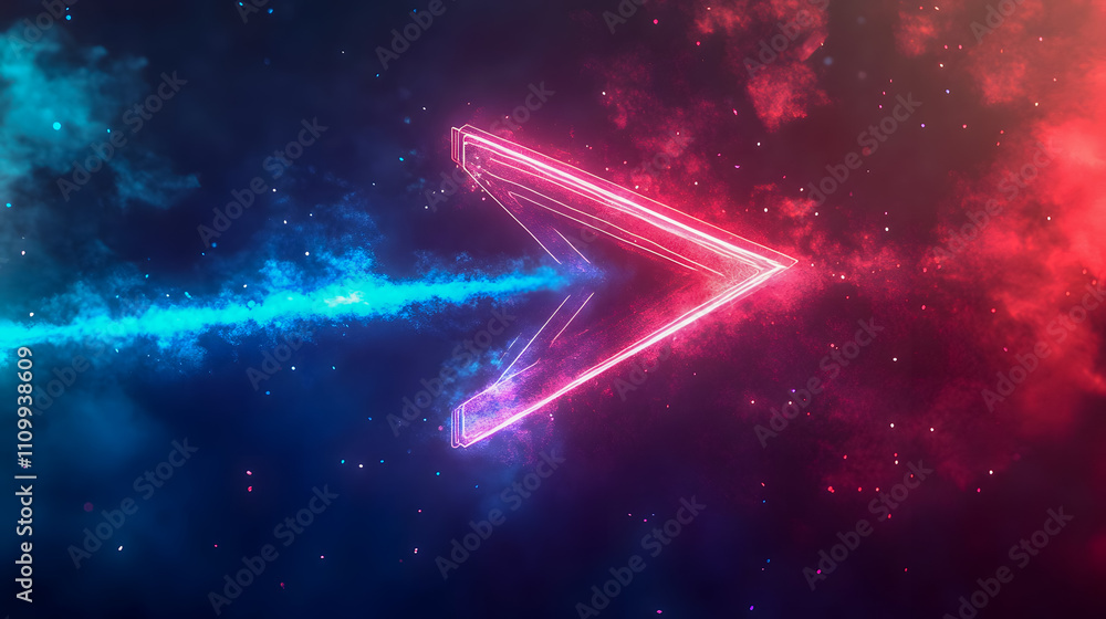 Poster futuristic arrow design in space with colorful nebula background and light effect, ideal for technol