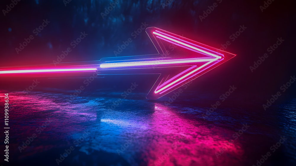 Poster neon arrow with blue and pink lights pointing right in a dark environment with reflections on wet su