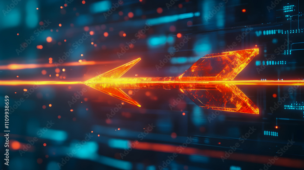 Poster futuristic glowing arrow in a dynamic digital environment with vibrant colors emphasizing technology