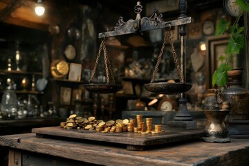 Traditional Balance Scale with Gold Coins Against an Antique Shop Background, Symbolizing Wealth, Justice, and Fairness in a Vintage Setting