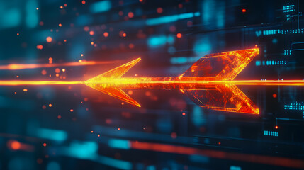 Obraz premium Futuristic glowing arrow in a dynamic digital environment with vibrant colors emphasizing technology and innovation, suitable for modern design applications