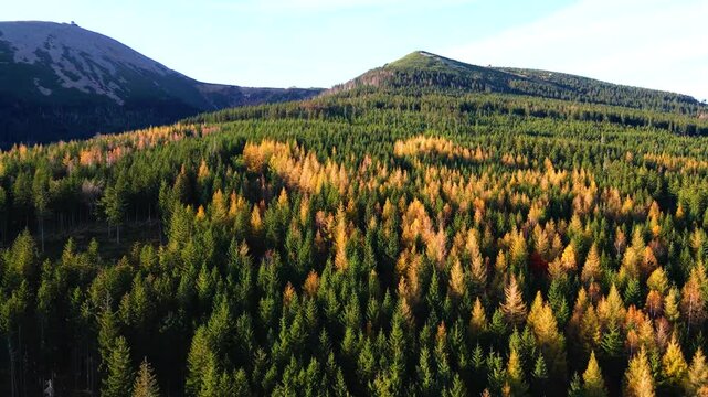 drone flight over tourist area mountains forest autumn Karpacz Poland