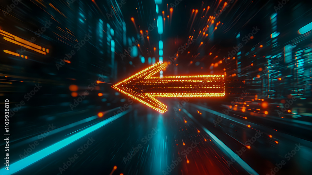 Poster dynamic and colorful arrow with motion blur indicating left direction in a futuristic digital enviro