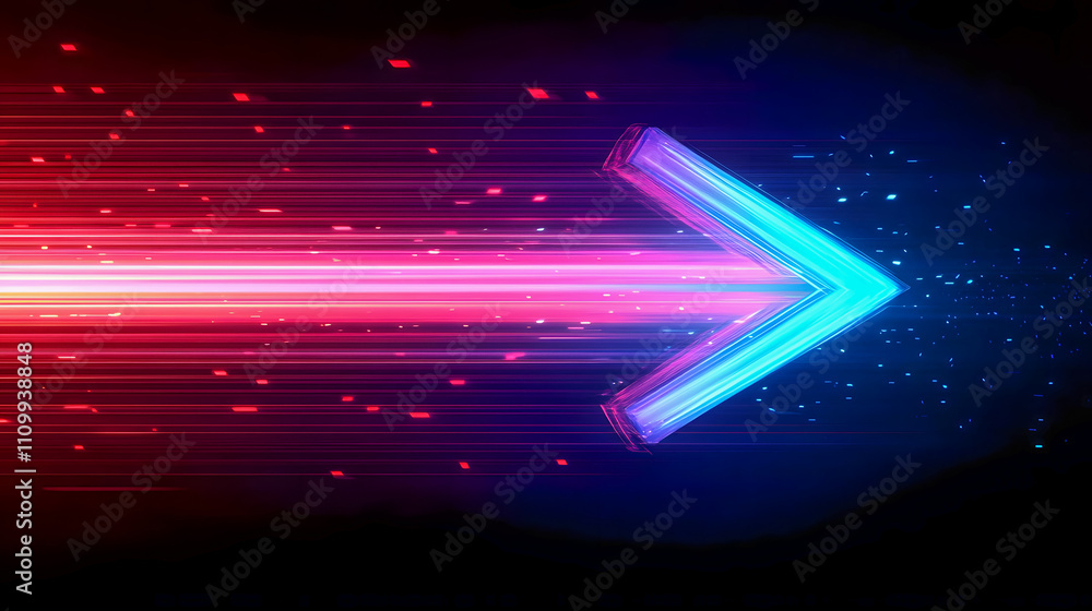 Poster vibrant neon arrow on dark background with dynamic light trails and motion blur effect for modern de