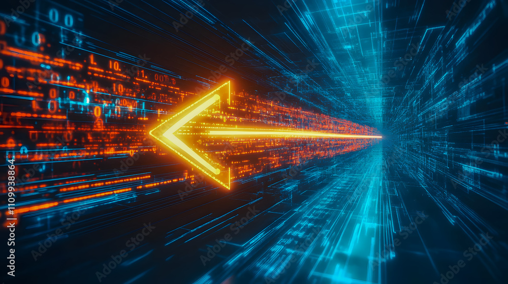 Poster dynamic digital arrow directional concept in blue orange design representing data flow and technolog