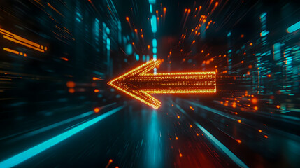 Obraz premium Dynamic and Colorful Arrow with Motion Blur Indicating Left Direction in a Futuristic Digital Environment Full of Neon Lights and Speed Effects