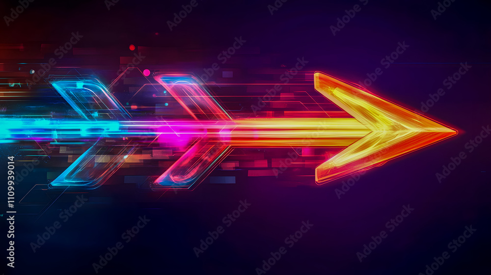Poster bright and bold arrow with motion effect in vibrant colors against dark background for dynamic desig