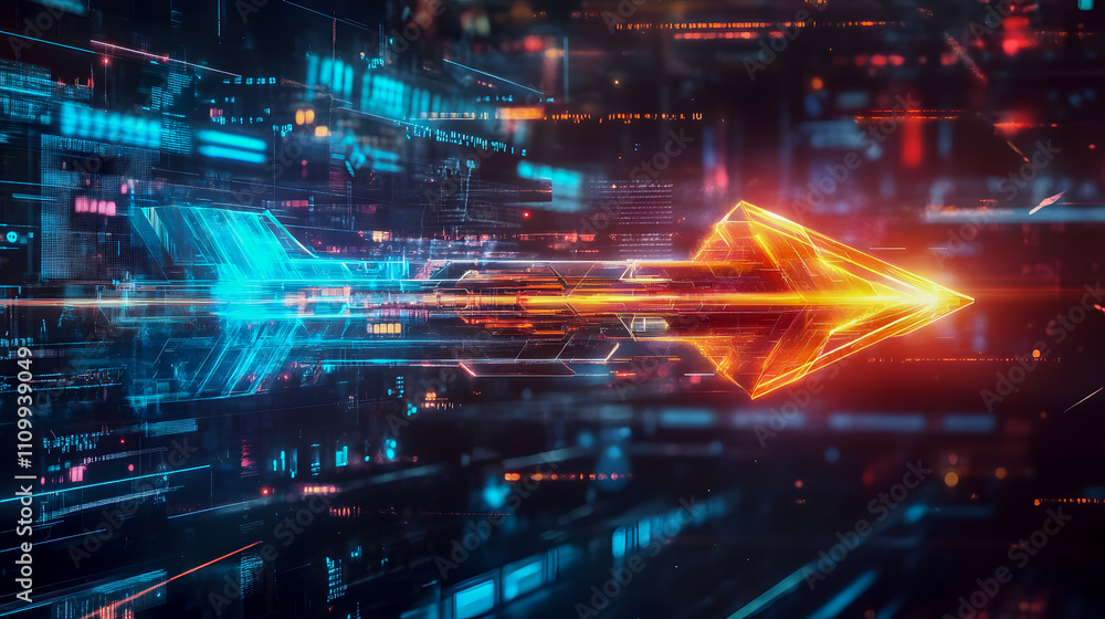Poster neon arrow moving through digital data environment with futuristic lights and technology elements, s