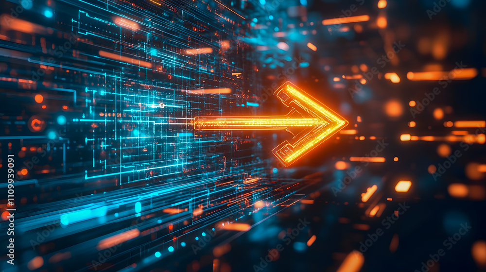 Poster dynamic neon arrow moving through abstract data stream representation of technology progress and dig