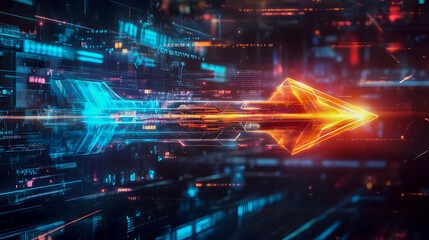Obraz premium Neon Arrow Moving Through Digital Data Environment with Futuristic Lights and Technology Elements, Symbolizing Speed and Progress in Modern World