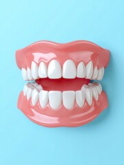 Naklejka premium White teeth, 3D illustration of teeth on light blue background.