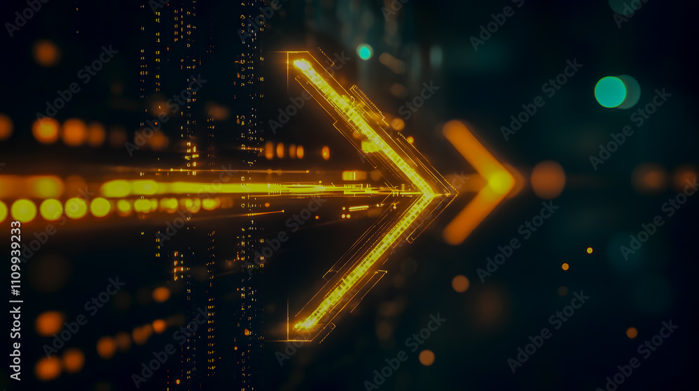 Poster futuristic digital arrow with glowing neon elements and matrix background in abstract concept of tec