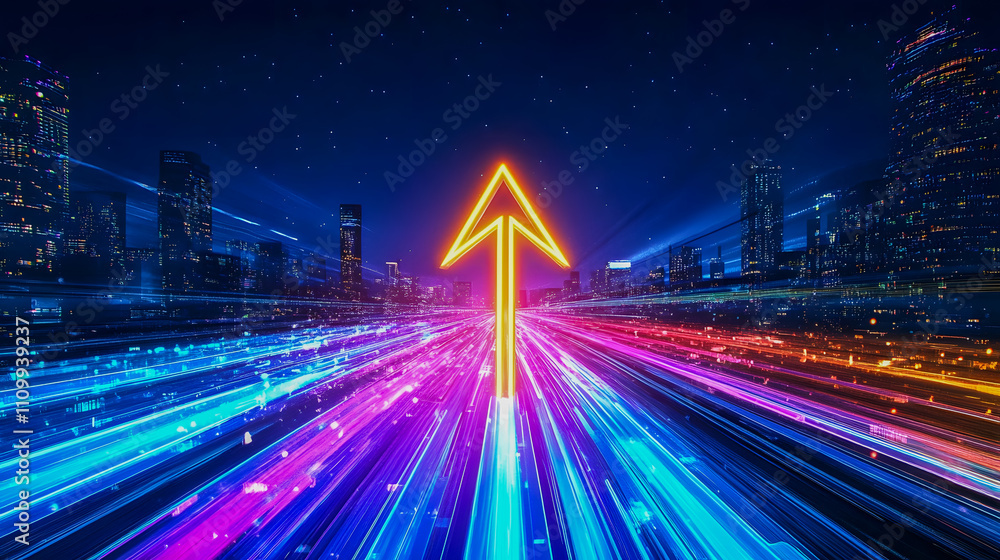Poster bright neon arrow pointing upwards in a vibrant cityscape at night with colorful light trails creati