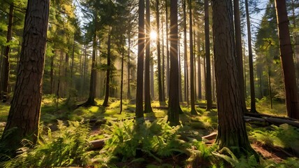 Fototapeta premium Observing the sunlight filtering through the trees in a forest, surrounded by a natural landscape of terrestrial plants, trunks, twigs, grass, and various shades of wood