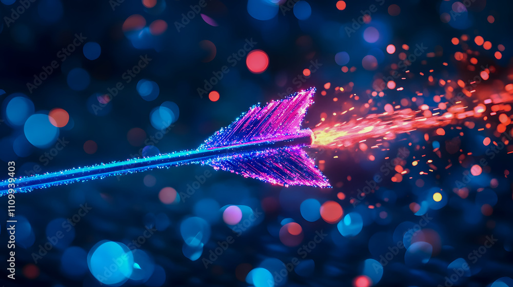 Poster glowing arrow shooting through colorful backdrop with sparkles and bokeh lights for artistic and cre