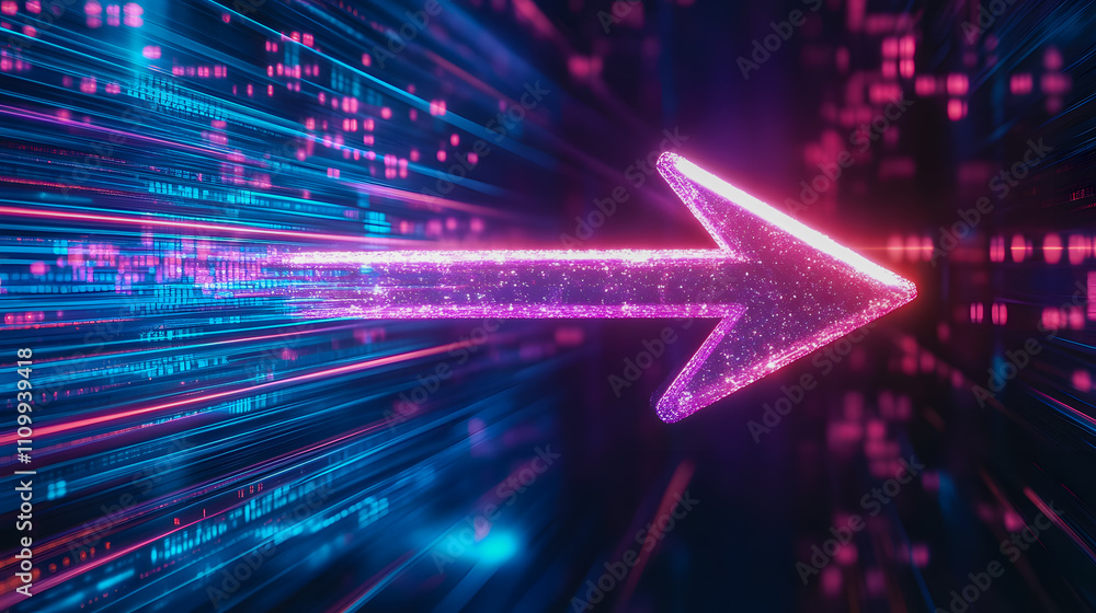 Poster vibrant digital arrow moving forward in a stream of light, technology and data visualization concept
