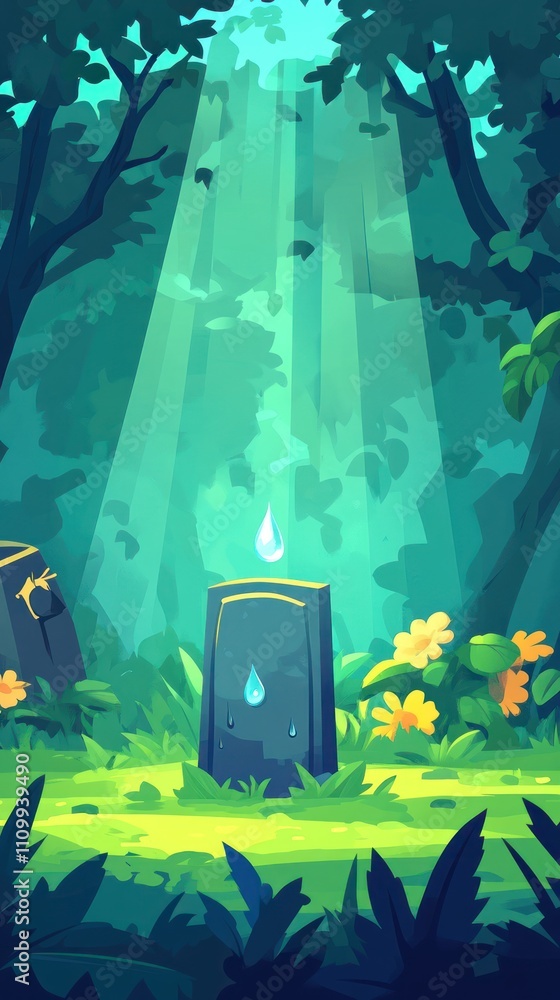 Aufkleber a serene forest scene with glowing stone pillars and soft light filtering through trees.