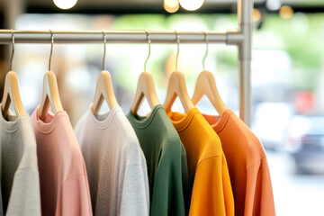 A display of colorful, casual sweatshirts hanging on a rack in a well-lit retail environment, showcasing a variety of soft fabrics and trendy styles.