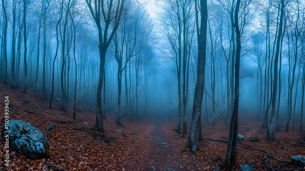 Poster misty forest path with bare trees and fallen leaves in a foggy atmosphere, inviting exploration in a