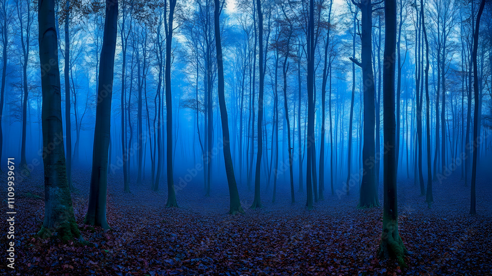 Poster ethereal blue forest scene with tall trees and misty atmosphere creating a mysterious and enchanting