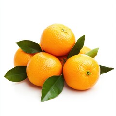 A bunch of ripe oranges with leaves, isolated white background, minimalism art style