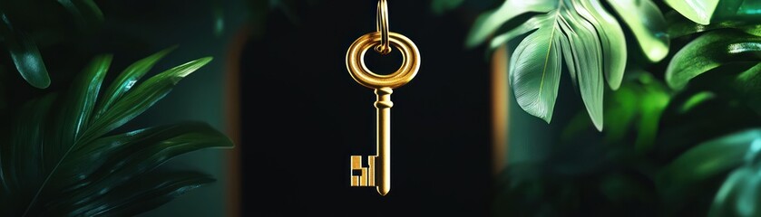 Obraz premium A golden key hangs amidst lush green foliage, symbolizing mystery and discovery.