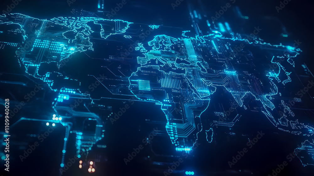 Poster high-tech digital world map with futuristic circuit patterns and neon blue lights for global communi