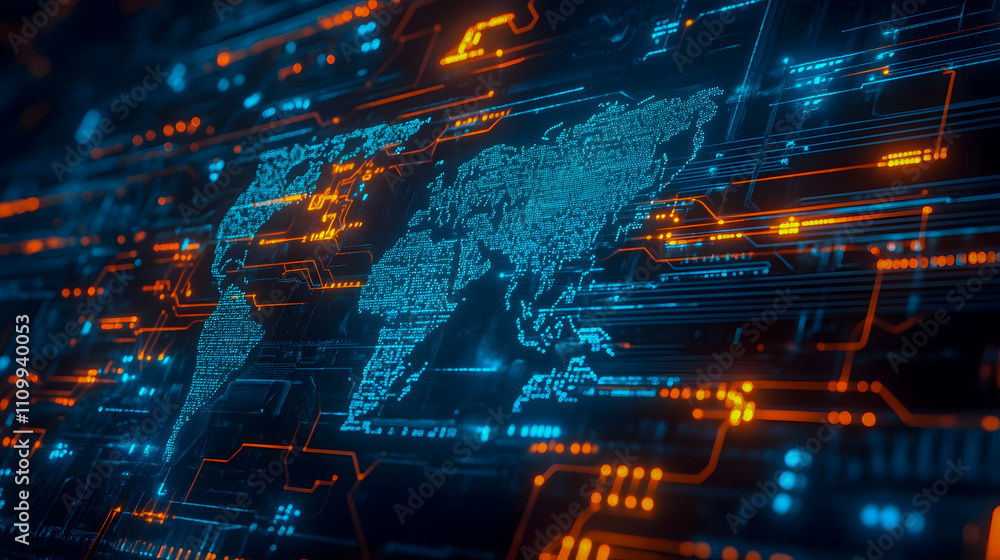 Aufkleber futuristic technology map with digital circuits and blue orange light effects representing global co
