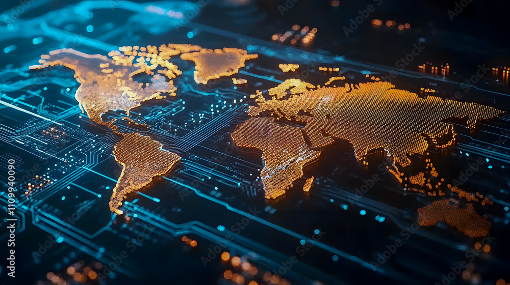 Poster digital world map with circuit board design in golden glow for technology and global connectivity co