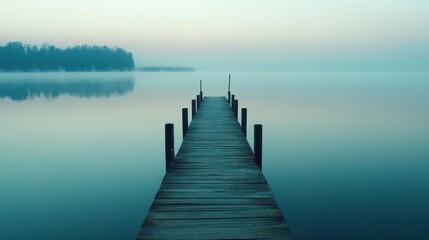 Obraz premium Misty Lake & Wooden Pier