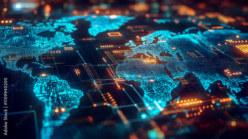 Poster futuristic digital world map with bright circuit patterns and glowing elements representing global c