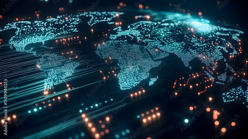 Poster futuristic digital map of the world with data flow in neon colors representing connectivity and tech