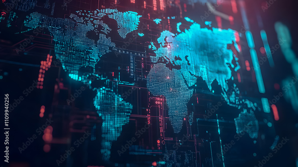 Aufkleber futuristic digital world map with neon colors and data representation, global connections and techno