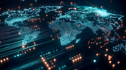 Obraz premium Futuristic Digital Map of the World with Data Flow in Neon Colors Representing Connectivity and Technology Innovations in Global Communication
