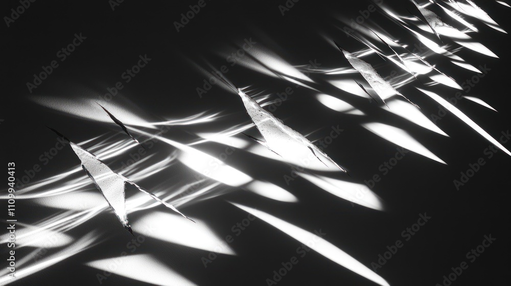 Poster abstract light patterns created by reflections, resembling origami shapes on a surface.