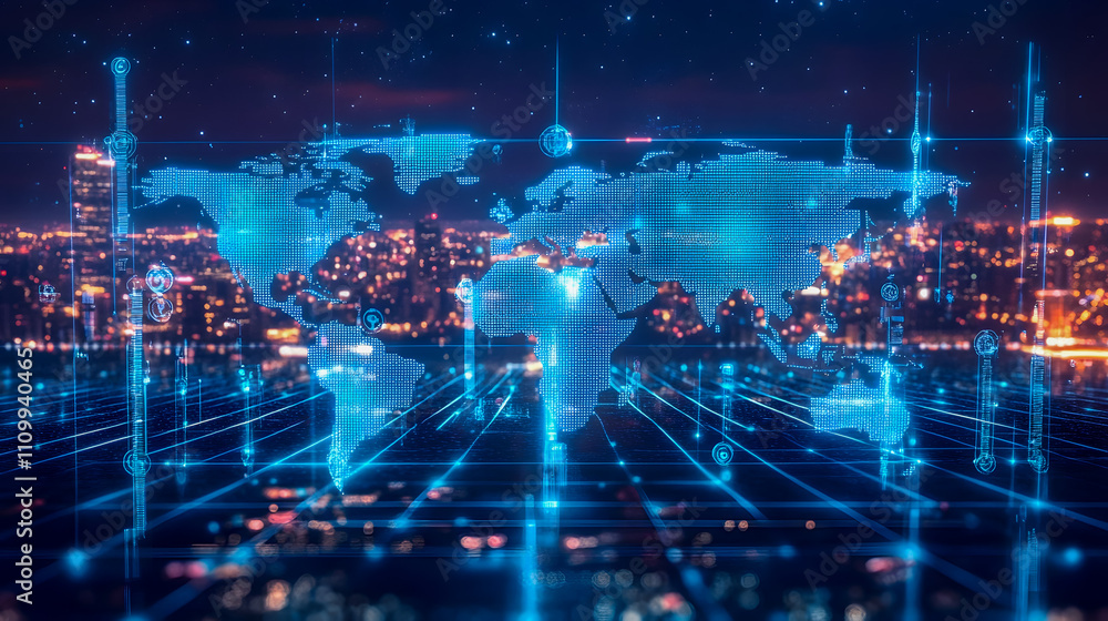 Poster futuristic world map with digital connections and data visualization over cityscape at night with sp