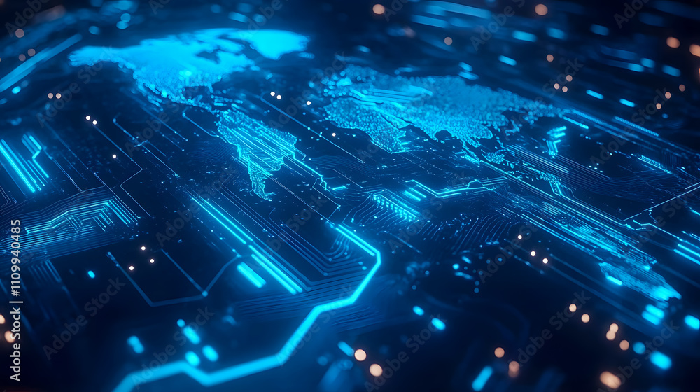 Poster futuristic global network map with blue circuit board elements and glowing lights representing techn