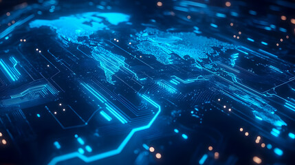 Fototapeta premium Futuristic Global Network Map With Blue Circuit Board Elements And Glowing Lights Representing Technology And Connectivity In A Digital Environment