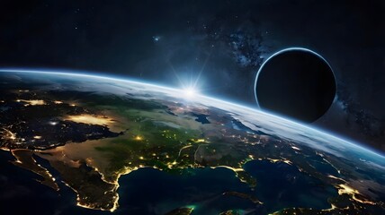 Nightly Earth planet in outer space. City lights on planet. Life of people. Solar system element. 