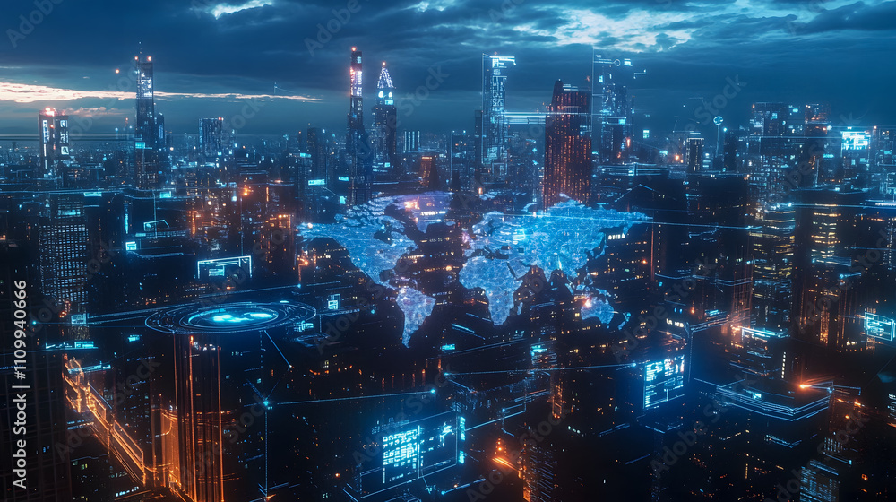 Poster futuristic city skyline with digital world map projection overlooking modern architecture at dusk in