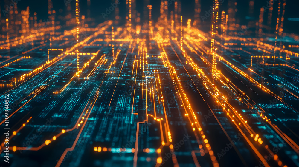 Poster abstract futuristic digital data flow with glowing lines and particles representing technology and c