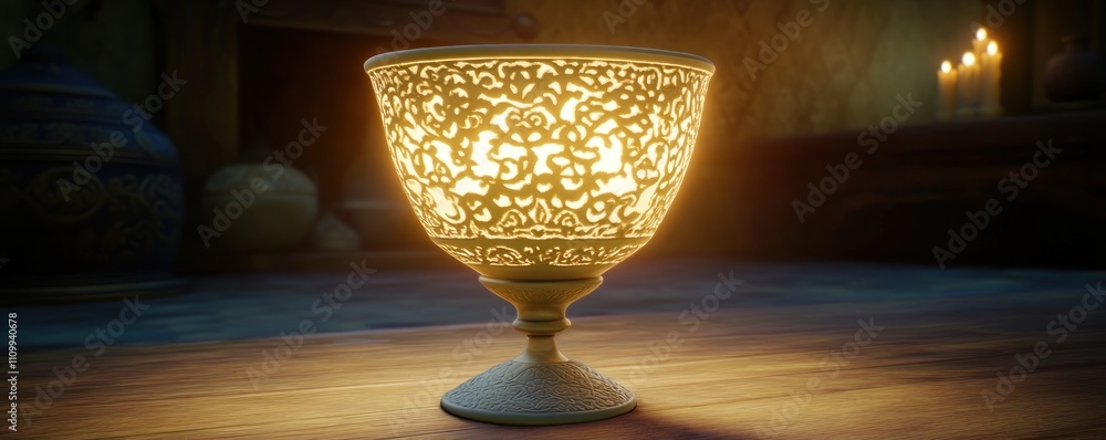 Poster a beautifully designed illuminated lamp casting intricate patterns in a dimly lit room.