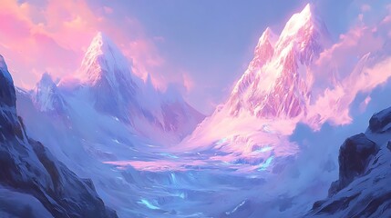 Breathtaking snowy mountains with pink purple sky sunrise reflecting on the snow for Outdoor Apparel Adventure Scenery Landscape Concept.