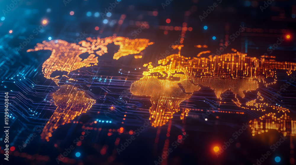 Poster illuminated world map with circuit patterns and glowing nodes representing global connectivity and t