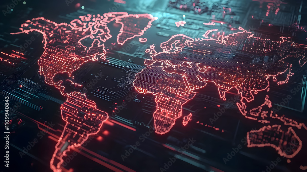 Poster abstract digital world map with glowing circuit lines and vibrant red connections representing globa